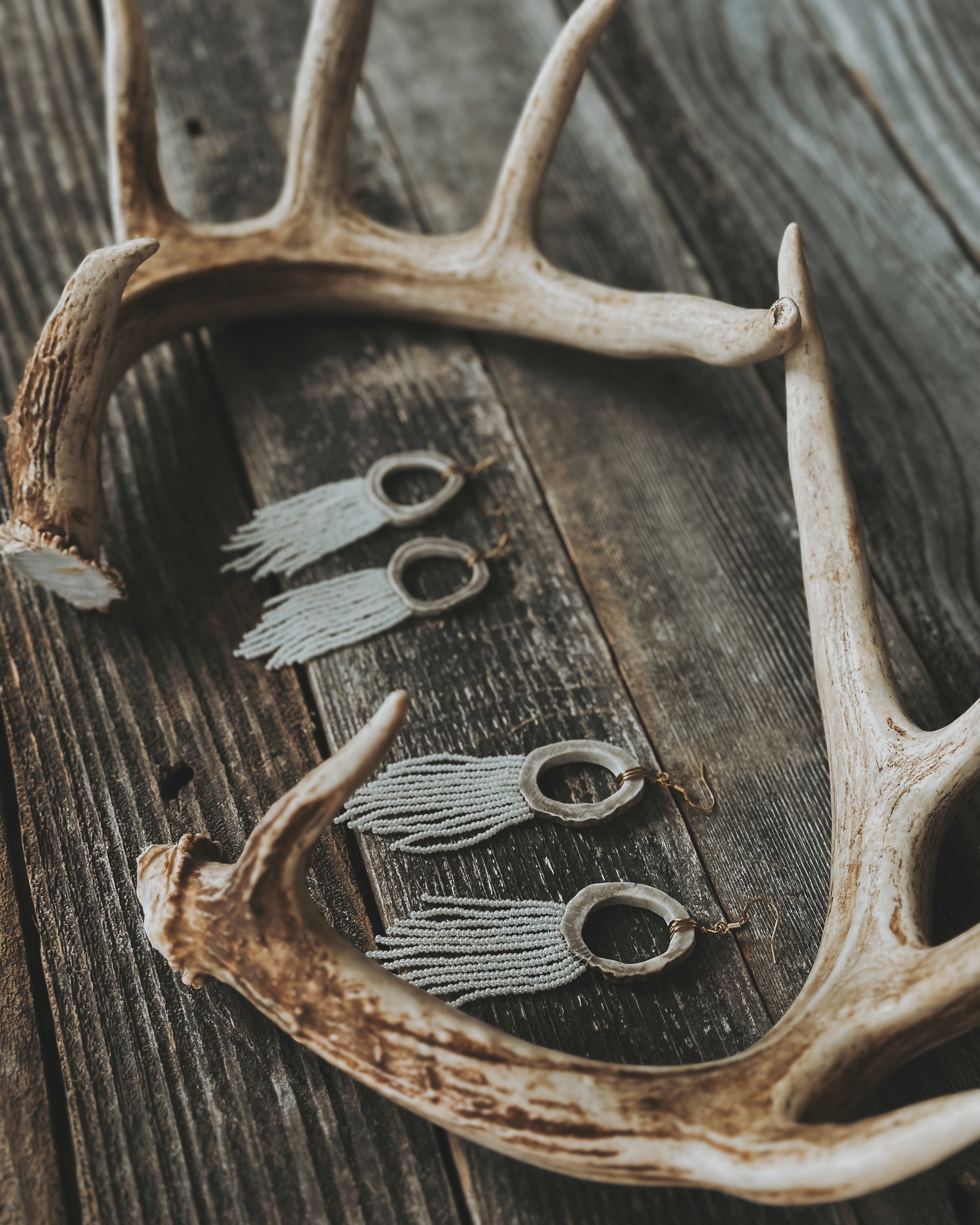 090- Elk Antler Button Earrings with Glass Bead order Fringe