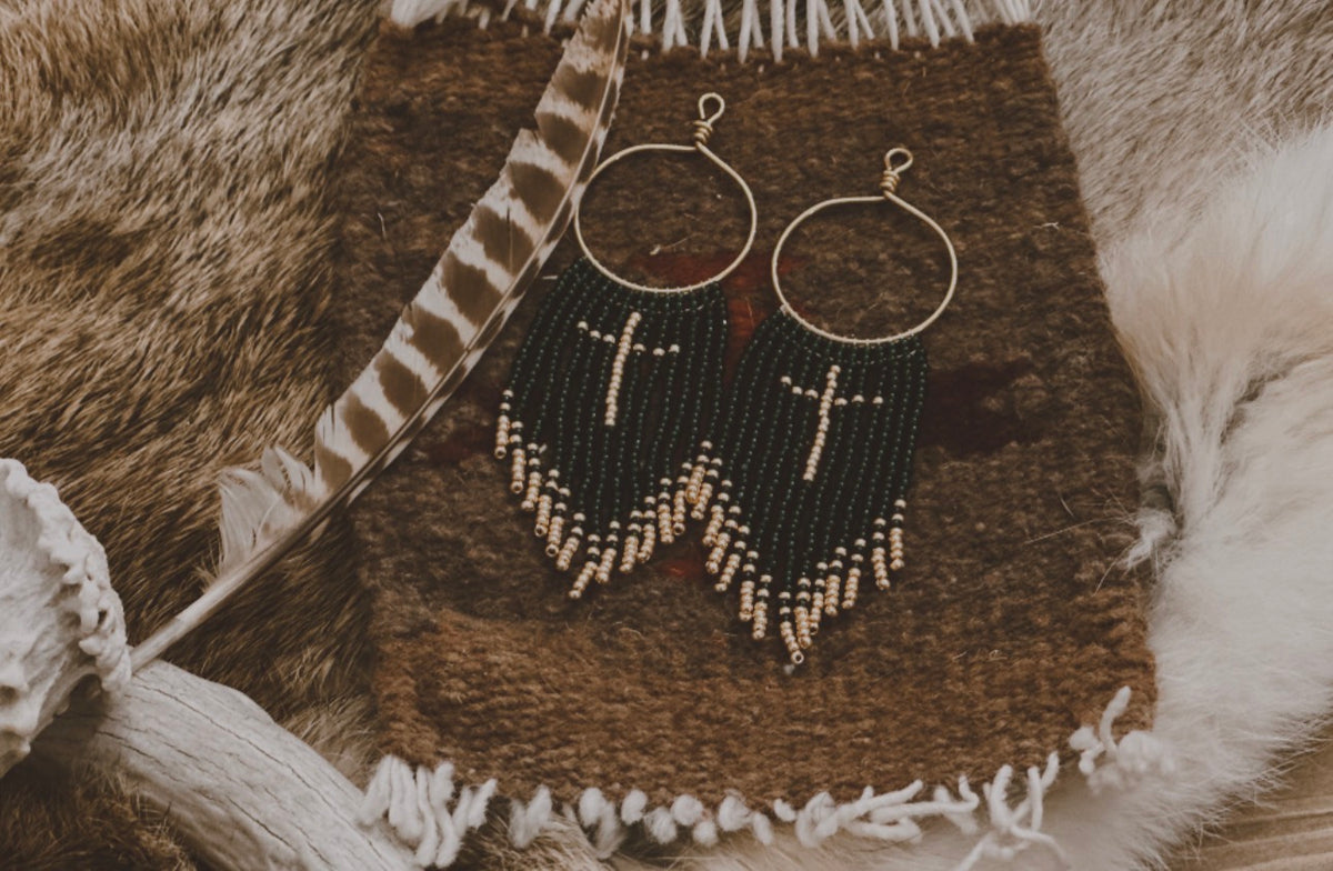 At the Cross Beaded Hoops-Dark Green Sparkly