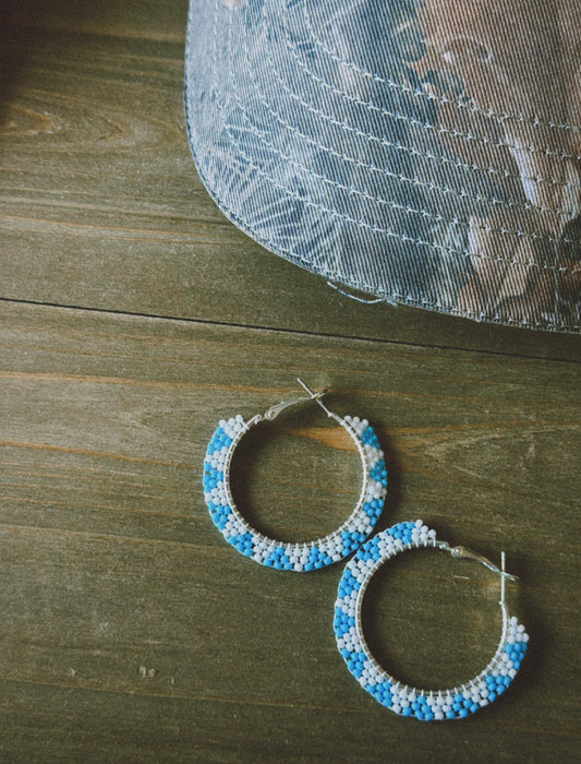 Mini Beaded hoops-white and turquoise