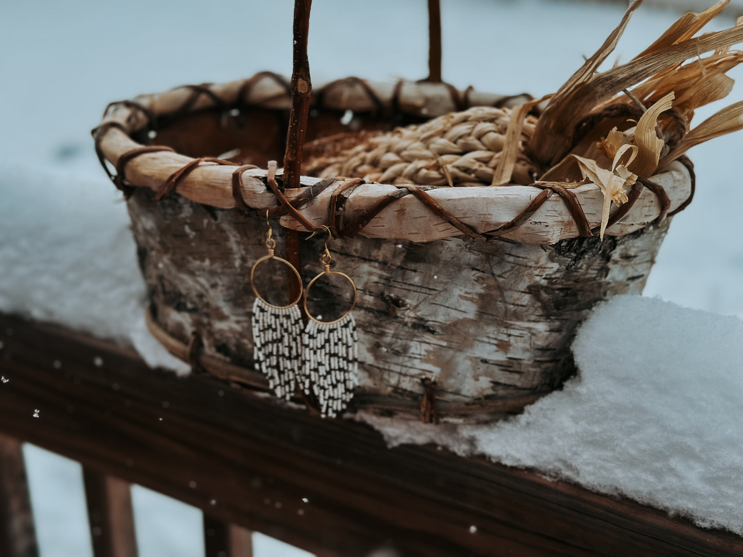 Birch Bark Beaded Hoops Set