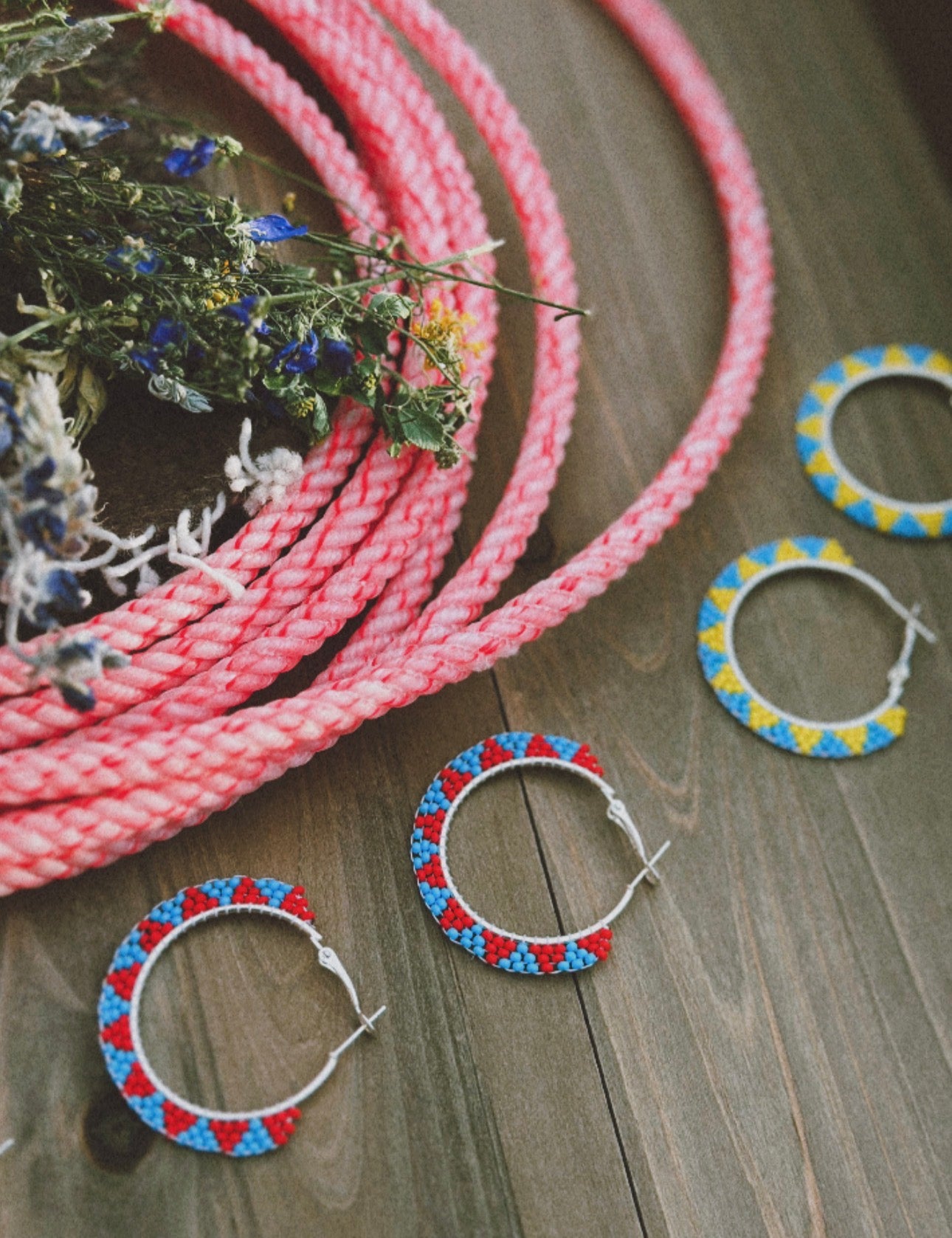 Mini beaded hoops-red & turquoise