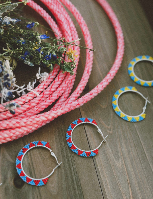 Mini beaded hoops-red & turquoise